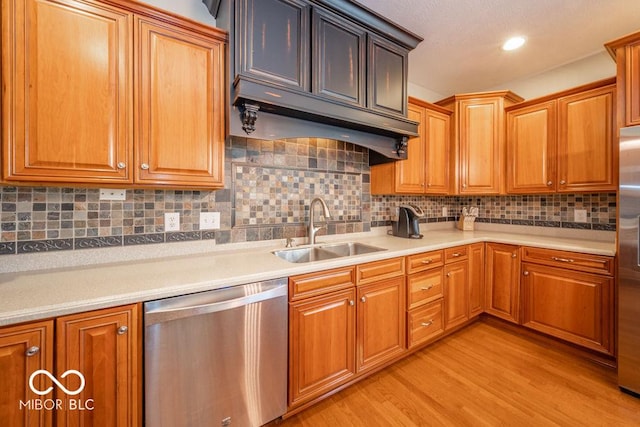 7929 W Bristol Way, New Palestine, IN 46163 - kitchen with stainless steel appliances, light countertops, light wood-style flooring, and decorative backsplash