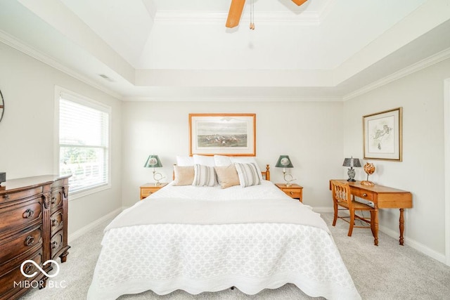 7929 W Bristol Way, New Palestine, IN 46163 - bedroom with light carpet, a tray ceiling, ornamental molding, and a ceiling fan