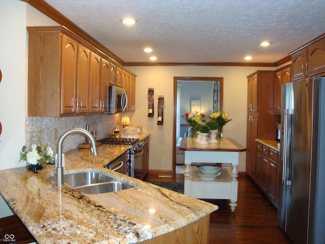 7839 Jessica Ct, Avon, IN 46123 - kitchen featuring stainless steel appliances, a peninsula, light stone countertops, dark wood-type flooring, and recessed lighting