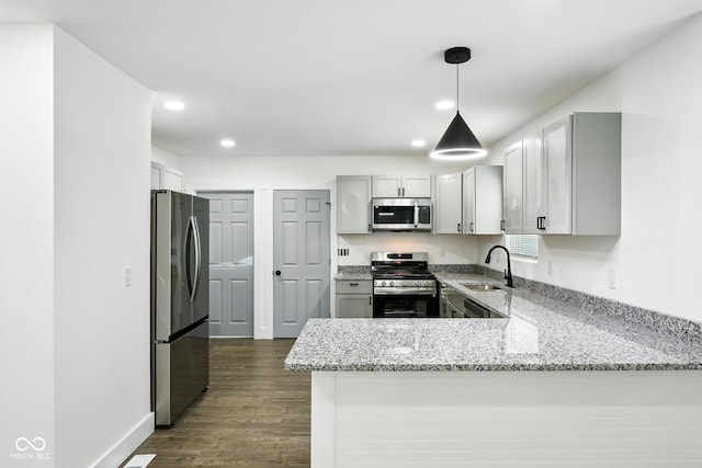 2000 N Dexter St, Indianapolis, IN 46202 - kitchen with stainless steel appliances, a peninsula, light stone counters, dark wood finished floors, and recessed lighting