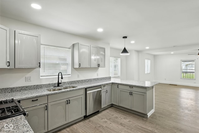 2000 N Dexter St, Indianapolis, IN 46202 - kitchen featuring a peninsula, recessed lighting, dishwasher, light wood-type flooring, and ceiling fan