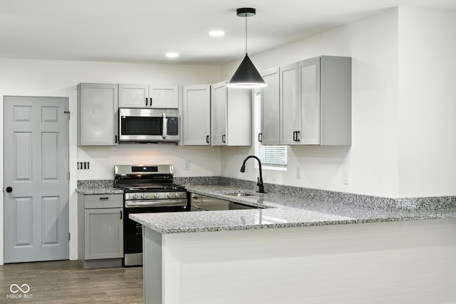2000 N Dexter St, Indianapolis, IN 46202 - kitchen with stainless steel appliances, light stone counters, wood finished floors, decorative light fixtures, and recessed lighting