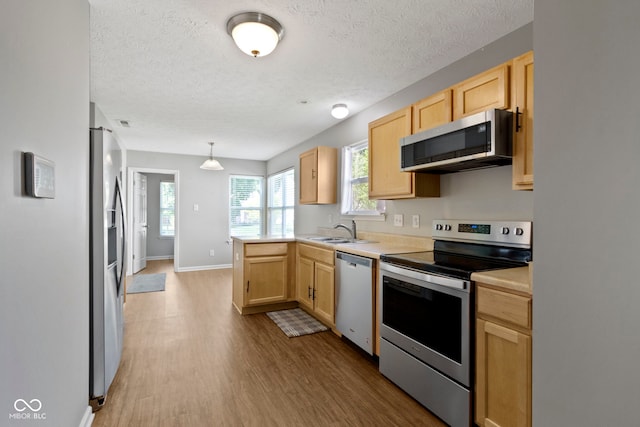 11426 High Grass Dr, Indianapolis, IN 46235 - kitchen with appliances with stainless steel finishes, light brown cabinets, a textured ceiling, light countertops, and wood finished floors