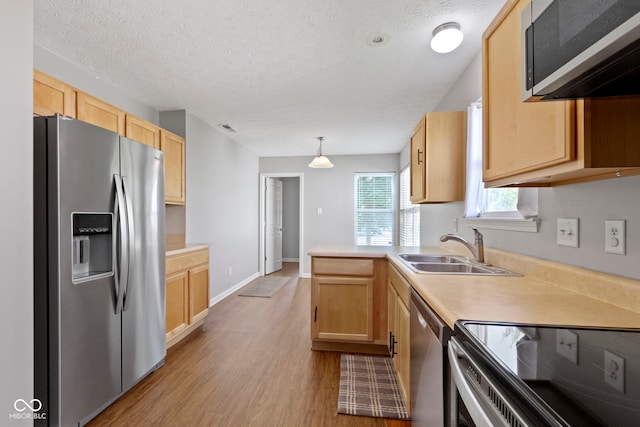 11426 High Grass Dr, Indianapolis, IN 46235 - kitchen with appliances with stainless steel finishes, light brown cabinets, light wood finished floors, light countertops, and a peninsula