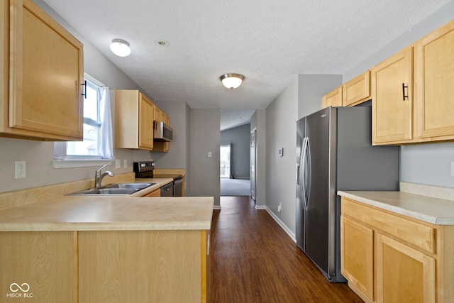 11426 High Grass Dr, Indianapolis, IN 46235 - kitchen with appliances with stainless steel finishes, light brown cabinets, dark wood-style floors, light countertops, and a peninsula