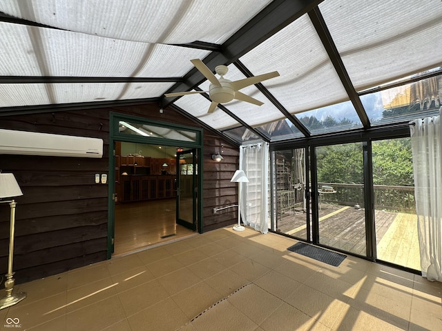 2765 S 1200 E, Zionsville, IN 46077 - unfurnished sunroom featuring a wall mounted AC, vaulted ceiling, and ceiling fan