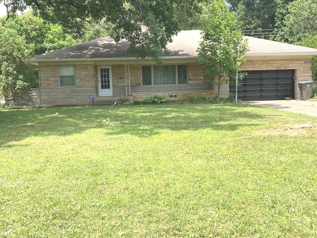 1016 N Mitchner Ave, Indianapolis, IN 46219 - single story home with concrete driveway, an attached garage, stone siding, a front lawn, and a shingled roof