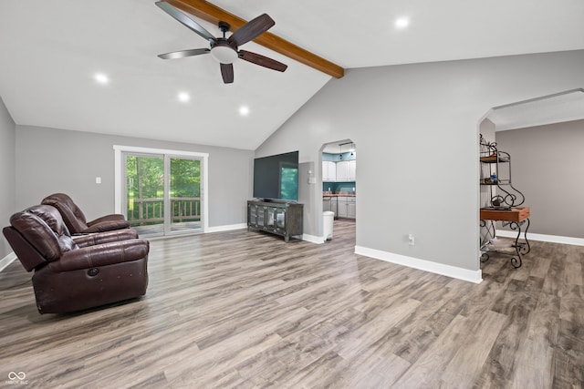173 W Lakeview Dr, Nineveh, IN 46164 - living area with a ceiling fan, beam ceiling, wood finished floors, arched walkways, and recessed lighting