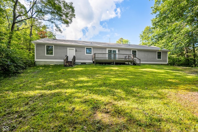 173 W Lakeview Dr, Nineveh, IN 46164 - rear view of house featuring entry steps, a lawn, a wooden deck, and crawl space