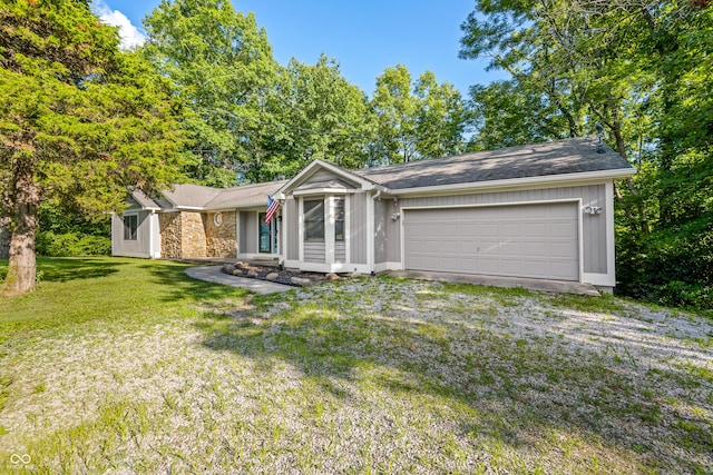173 W Lakeview Dr, Nineveh, IN 46164 - single story home featuring a garage, a front lawn, and stone siding