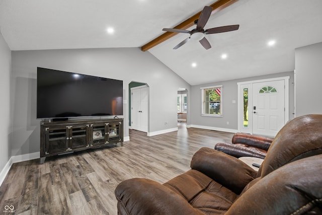 173 W Lakeview Dr, Nineveh, IN 46164 - living room featuring beamed ceiling, ceiling fan, wood finished floors, recessed lighting, and high vaulted ceiling