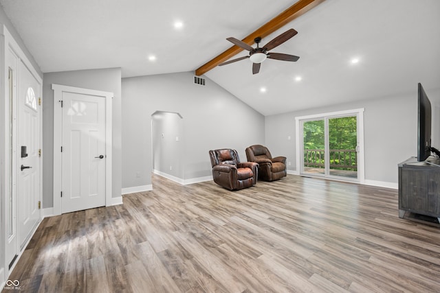 173 W Lakeview Dr, Nineveh, IN 46164 - sitting room featuring a ceiling fan, wood finished floors, arched walkways, and recessed lighting