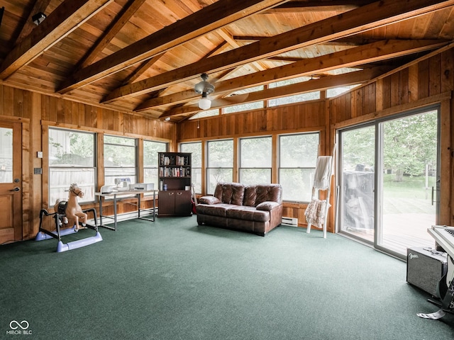 479 Raintree Dr, Danville, IN 46122 - sunroom with carpet, wooden ceiling, wooden walls, a baseboard heating unit, and healthy amount of natural light