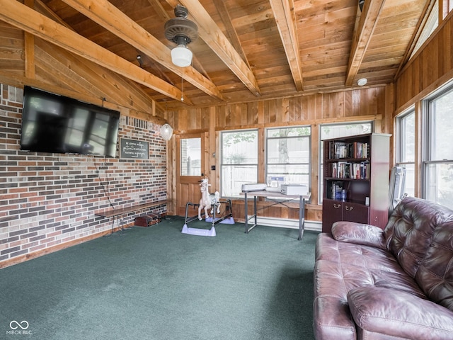 479 Raintree Dr, Danville, IN 46122 - living area featuring wooden ceiling, carpet flooring, wood walls, and brick wall