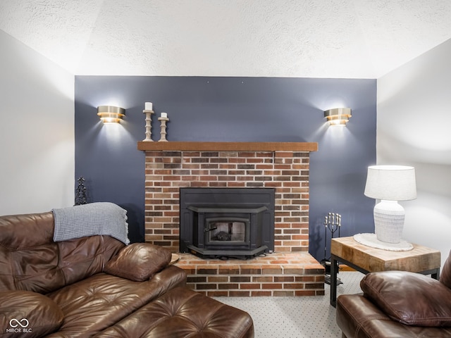 479 Raintree Dr, Danville, IN 46122 - carpeted living area featuring a textured ceiling, a wood stove, and vaulted ceiling