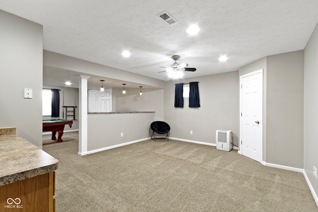 441 Viburnum Run, Westfield, IN 46074 - below grade area with carpet, pool table, a ceiling fan, recessed lighting, and a textured ceiling