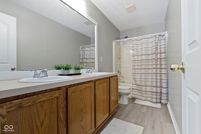 441 Viburnum Run, Westfield, IN 46074 - bathroom with wood finished floors, double vanity, and shower / tub combo with curtain