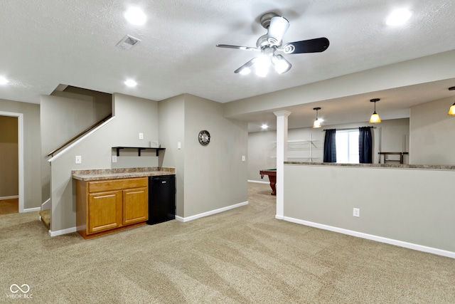 441 Viburnum Run, Westfield, IN 46074 - indoor bar with light carpet, ceiling fan, fridge, billiards table, and decorative light fixtures