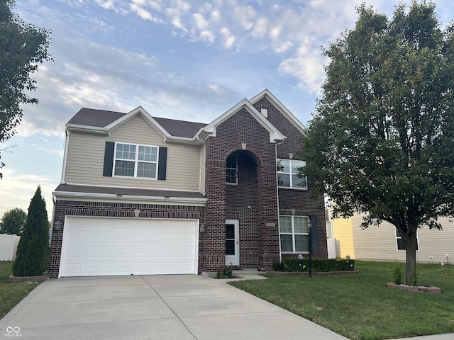 7854 Newhall Way, Indianapolis, IN 46239 - traditional-style home featuring a garage, concrete driveway, brick siding, and a front lawn
