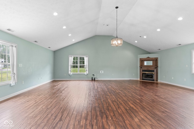 606 S Grange Hall Rd, Hanover, IN 47243 - unfurnished living room featuring wood finished floors, lofted ceiling, recessed lighting, a chandelier, and a fireplace