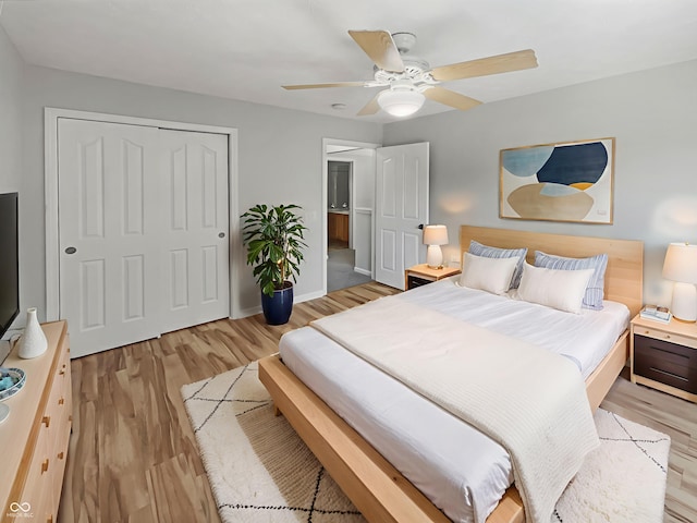 12089 Red Hawk Dr, Fishers, IN 46037 - bedroom featuring light wood-style floors, a closet, and ceiling fan
