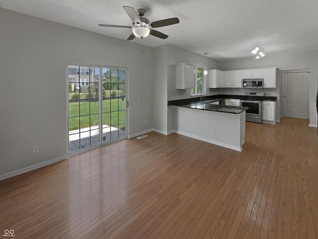 12089 Red Hawk Dr, Fishers, IN 46037 - kitchen featuring open floor plan, appliances with stainless steel finishes, dark countertops, light wood-style flooring, and a peninsula