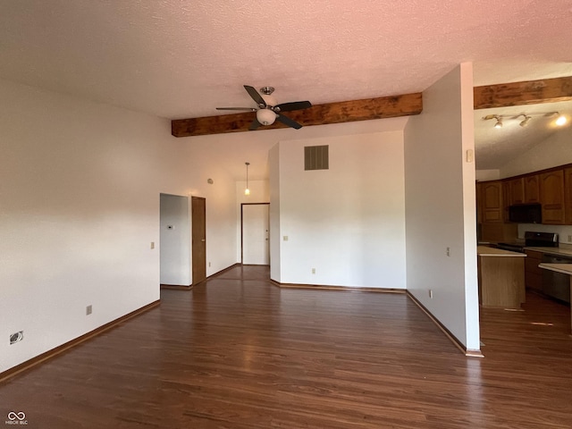 10610 Stillcreek Dr, Indianapolis, IN 46239 - unfurnished living room featuring beamed ceiling, ceiling fan, dark wood finished floors, and a textured ceiling