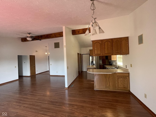 10610 Stillcreek Dr, Indianapolis, IN 46239 - kitchen featuring a textured ceiling, dark wood-style flooring, open floor plan, ceiling fan, and stainless steel refrigerator with ice dispenser