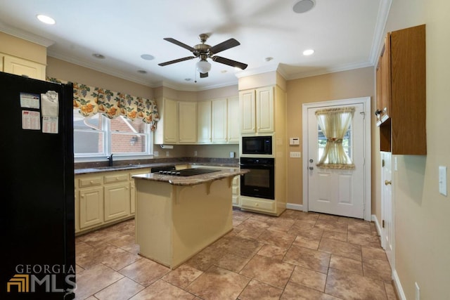 kitchen with ceiling fan, black appliances, sink, light tile floors, and a kitchen island