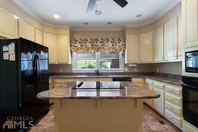 kitchen featuring light tile flooring, ceiling fan, black appliances, and sink