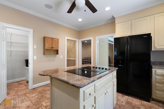 kitchen featuring light tile floors, a center island, dark stone counters, ceiling fan, and black appliances