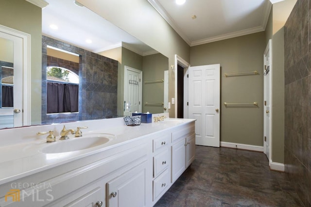 bathroom featuring dual sinks, tile flooring, and large vanity