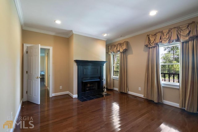 unfurnished living room featuring crown molding and dark hardwood / wood-style floors