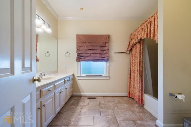 bathroom featuring tile floors, shower / tub combo, vanity, and ornamental molding