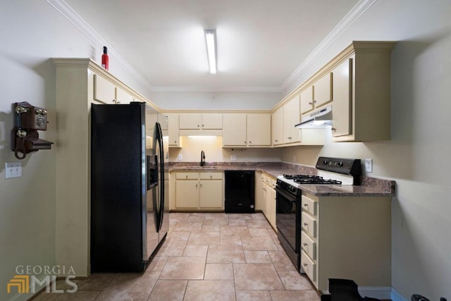 kitchen with crown molding, sink, light tile flooring, and black appliances