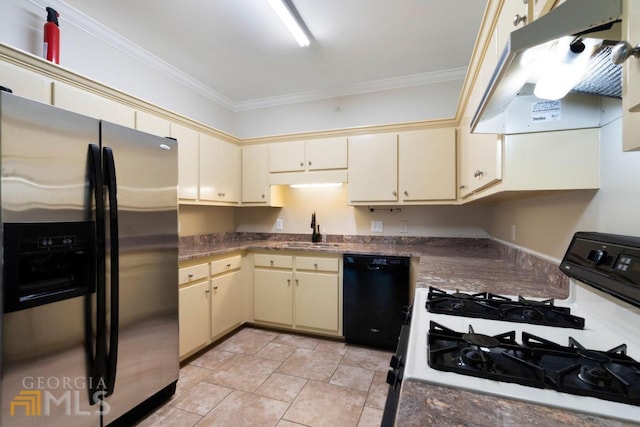 kitchen featuring gas range gas stove, stainless steel fridge, custom exhaust hood, sink, and black dishwasher