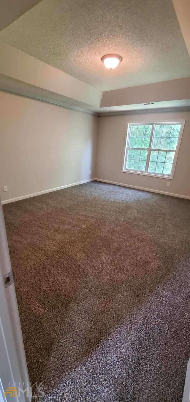 carpeted empty room featuring a textured ceiling