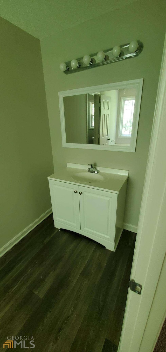 bathroom with vanity with extensive cabinet space and wood-type flooring