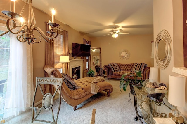 living room featuring ceiling fan and light colored carpet