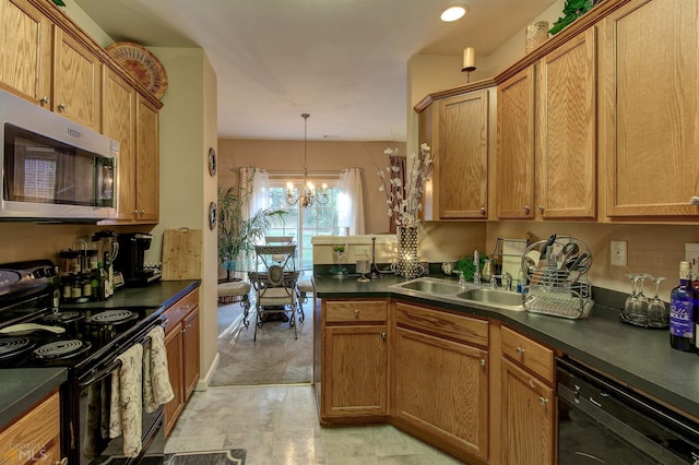 kitchen with decorative light fixtures, black appliances, an inviting chandelier, sink, and light tile floors