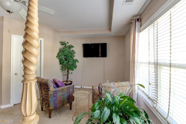 sitting room featuring light carpet, a raised ceiling, and a wealth of natural light