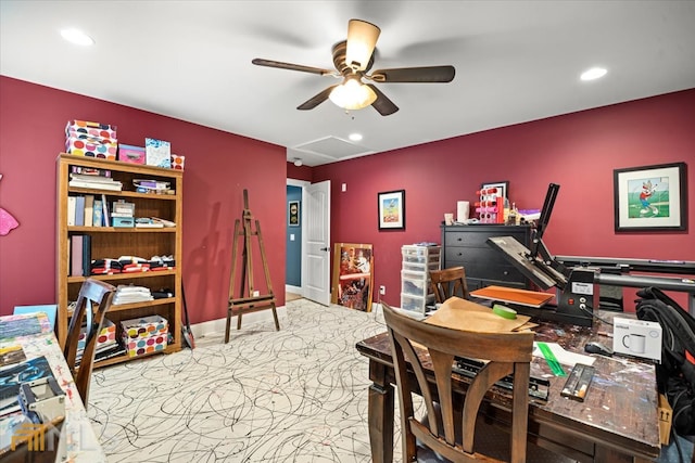 carpeted office with ceiling fan