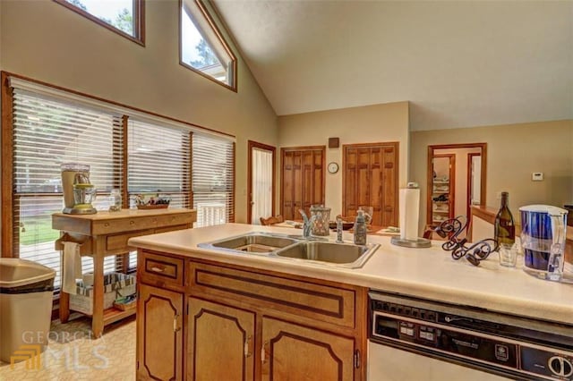 kitchen featuring high vaulted ceiling, sink, and dishwasher