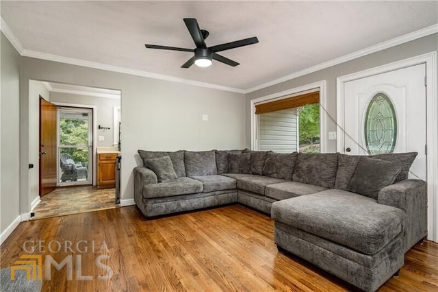 living room featuring ornamental molding, hardwood / wood-style floors, and ceiling fan