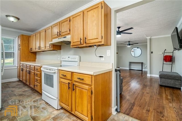 kitchen with white range with electric cooktop, ceiling fan, a textured ceiling, crown molding, and dark hardwood / wood-style floors