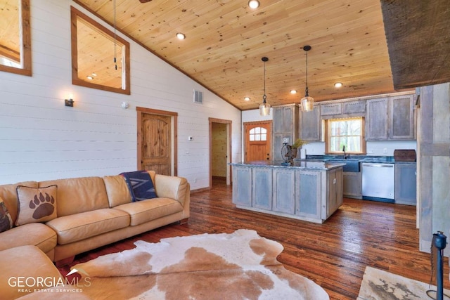 living room with wooden ceiling, dark wood-type flooring, and high vaulted ceiling