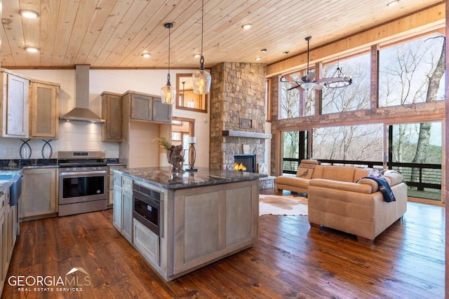 kitchen featuring dark wood-type flooring, a kitchen island, range, wooden ceiling, and wall chimney exhaust hood