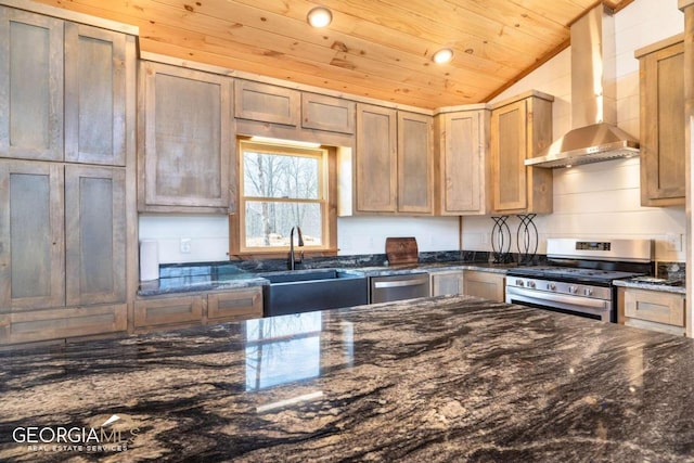 kitchen with sink, appliances with stainless steel finishes, wooden ceiling, wall chimney range hood, and lofted ceiling