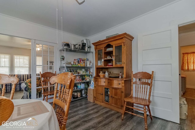 interior space with ornamental molding and dark hardwood / wood-style floors