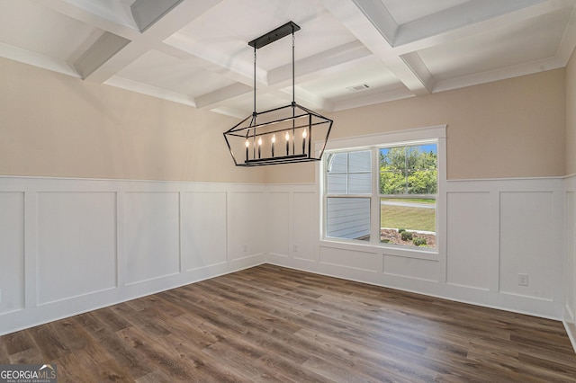 101 Bonnie Lynn Ln, Carrollton, GA 30117 - unfurnished dining area featuring a decorative wall, beamed ceiling, dark wood finished floors, and visible vents